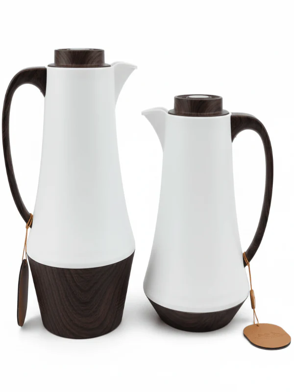 Crystal House Premium Vacuum Flask Set – 2 Pieces (0.6 & 1 Litre), White with Dark Wood Finish