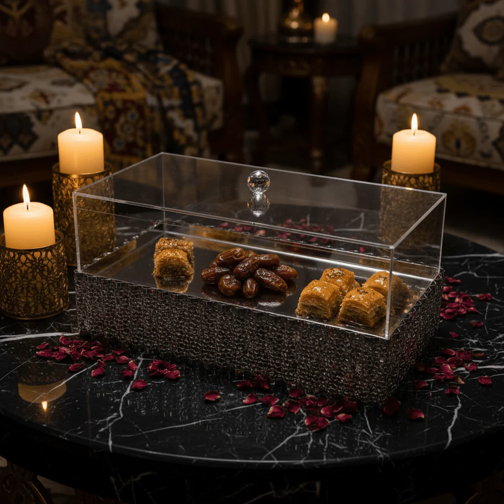 CrystalServe Premium Rectangle Silver Snack Serving Tray with Transparent Acrylic Lid – 36 × 16.5 cm - Image 2