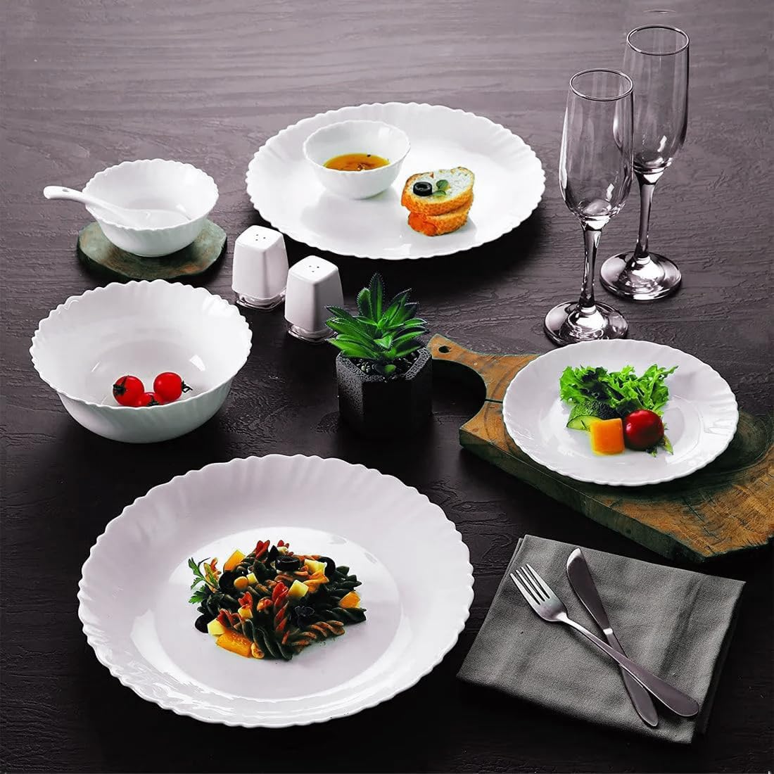 Cuisine Art 12pcs Opalware Dinner Set, 10" Dinner Plate-4pcs, 7.5" Desert Plate-4pcs, 5" Bowl-4pcs, White - Image 3