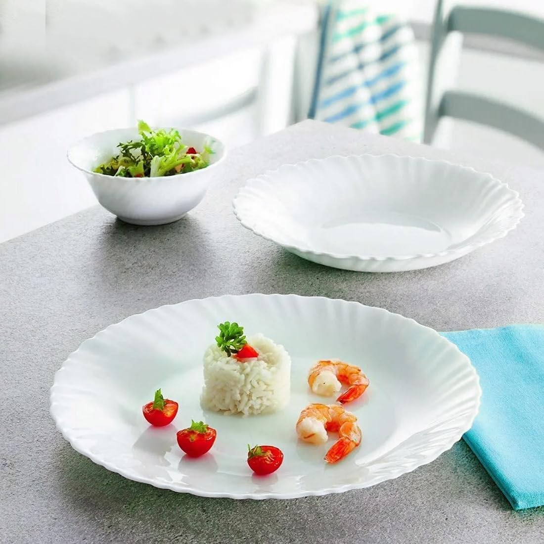 Cuisine Art 12pcs Opalware Dinner Set, 10" Dinner Plate-4pcs, 7.5" Desert Plate-4pcs, 5" Bowl-4pcs, White - Image 4