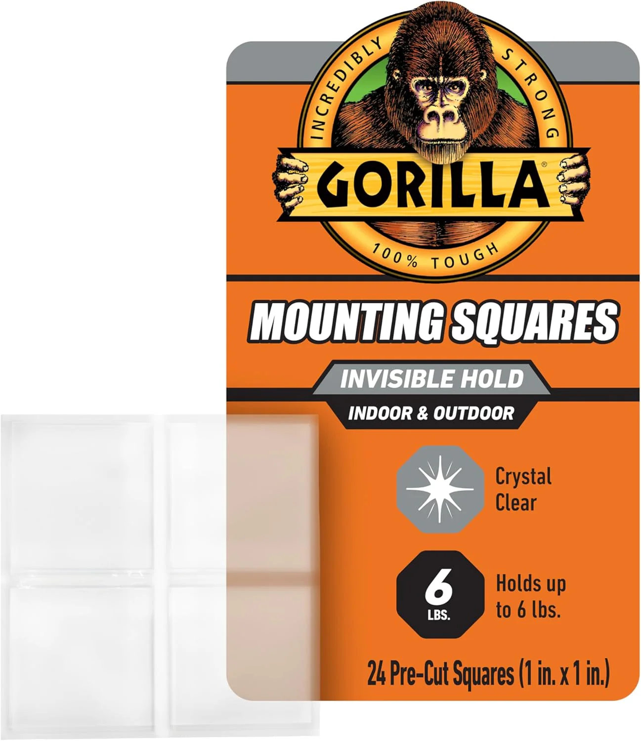 Gorilla Ultra-Strong Clear Mounting Tape Squares – 24 Pre-Cut Adhesive Tabs