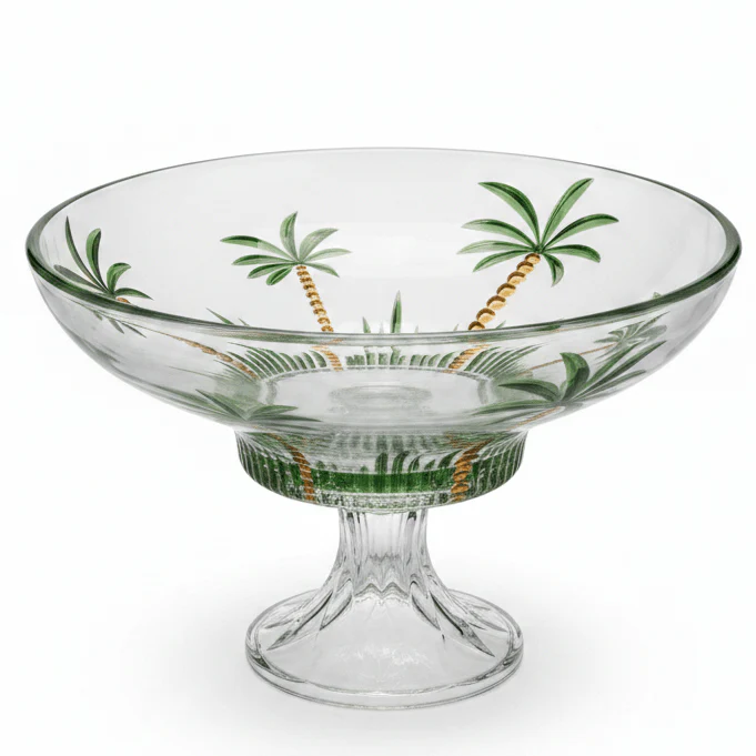 Cy. Chaoyun Elegant Footed Glass Fruit Bowl with Green Palm Tree Design for Serving & Decoration 31 × 20 cm
