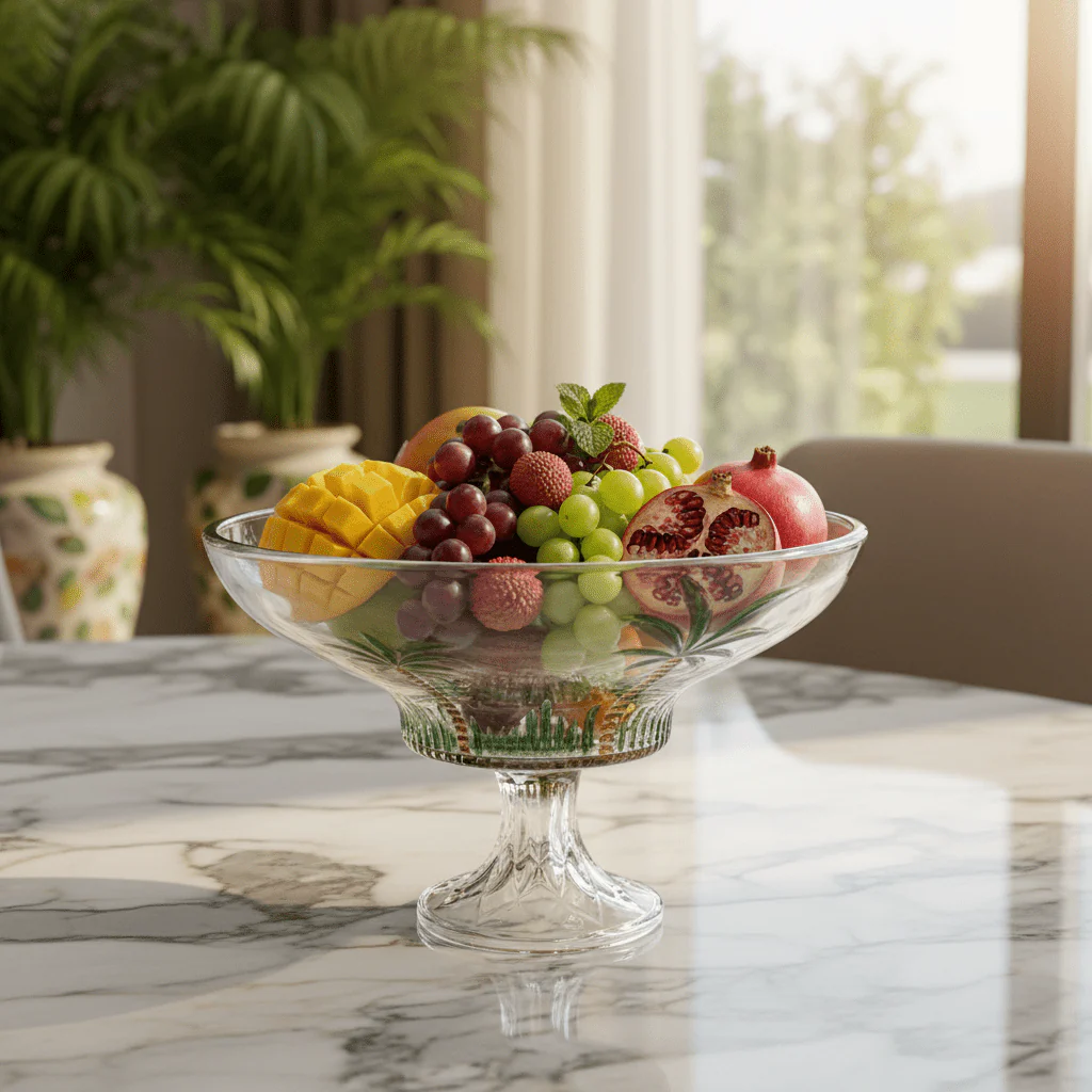 Cy. Chaoyun Elegant Footed Glass Fruit Bowl with Green Palm Tree Design for Serving & Decoration 31 × 20 cm - Image 2