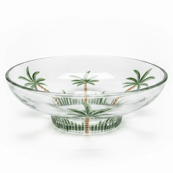 Cy. Chaoyun Elegant Glass Fruit Bowl with Green Palm Tree Design for Table Centerpiece & Serving 31.5 × 11 cm