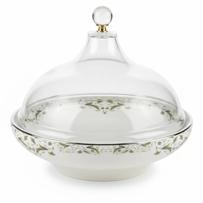 Dallah Addar White Ceramic Date Serving Bowl with  Acrylic Cover – Premium Ramadan Date Display Tray for Home, Gatherings and Hospitality – 23 × 18 cm