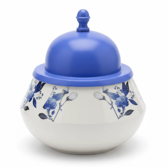 Dallah Addar White Floral Metal Date Pot with Purple Lid for Decorative Table Display – 20cm