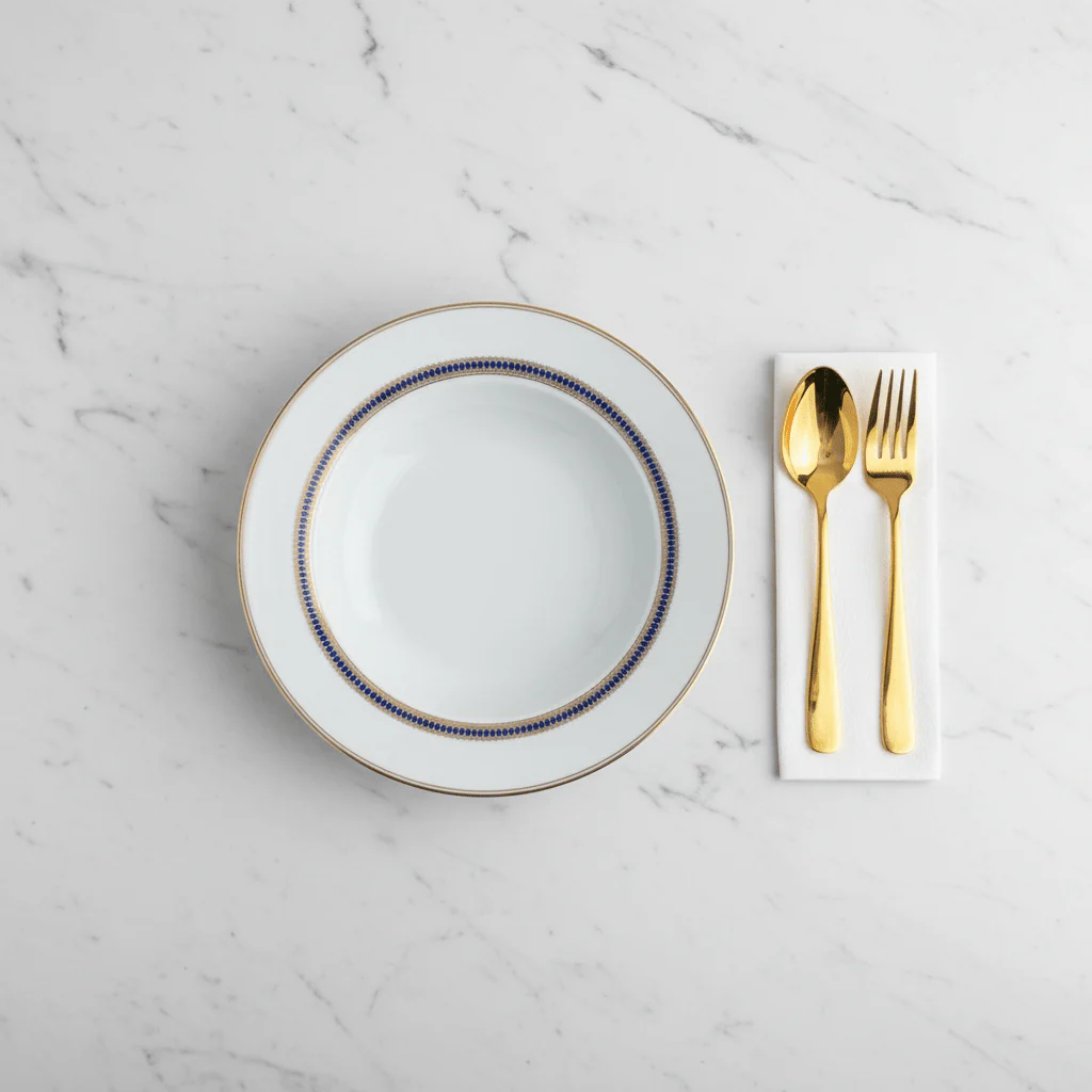 Decopor White Porcelain Soup Plate with Golden Rim & Cobalt Blue Design — 8.5 Inch - Image 3