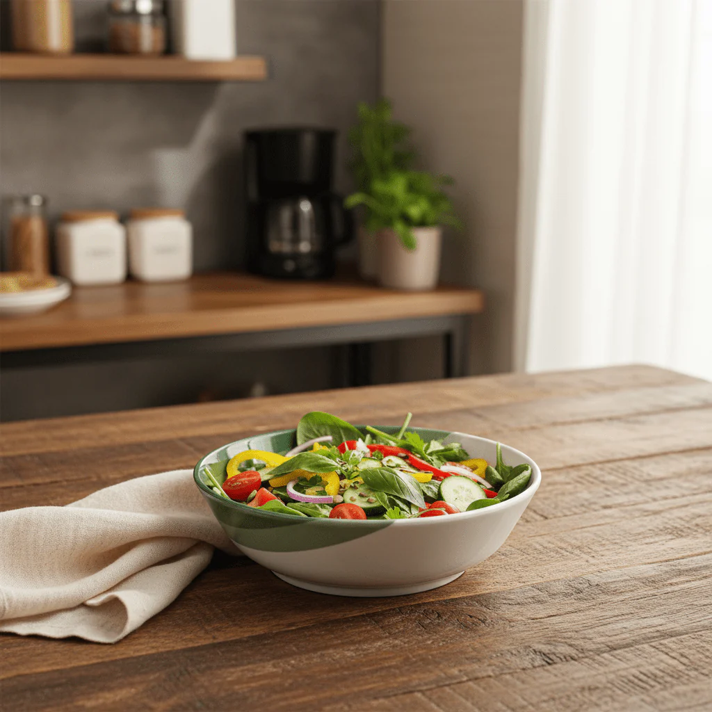 Delcasa Round White Melamine Serving Bowl with Green Shade Design, Ideal for Serving Vegetables, Salads & Curries – 19 cm - Image 2