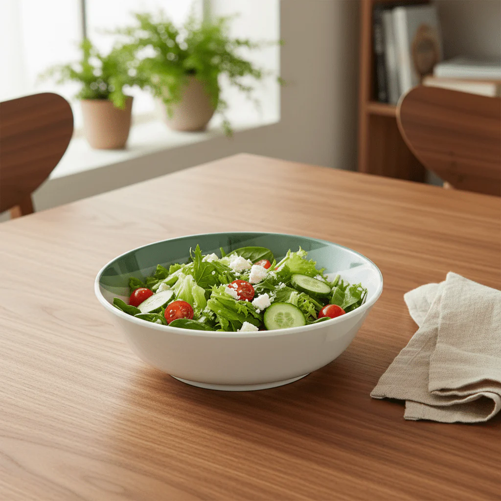 Delcasa Round White Melamine Serving Bowl with Green Shade Design, Large Capacity Bowl for Family Serving – 21.5 cm - Image 2