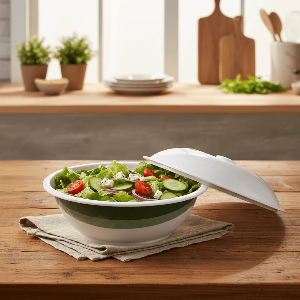 Delcasa Round White Melamine Serving Bowl with Lid and Green Shade Design, Covered Bowl for Storage & Serving – 25 cm - Image 2