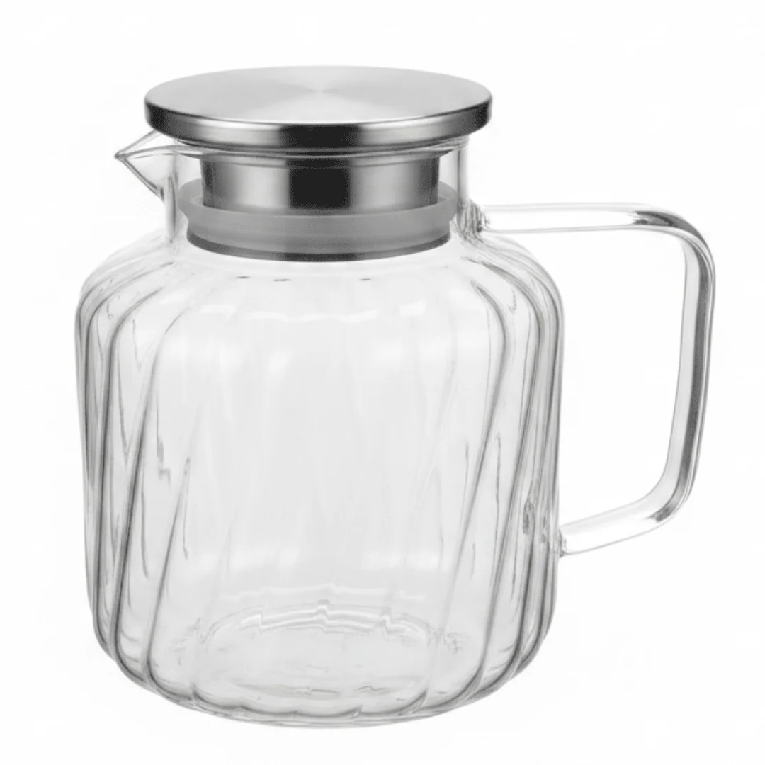 Deli Refined Glass Water Jug with Metallic Silver Lid – Stylish Serving Carafe (1.65 L)
