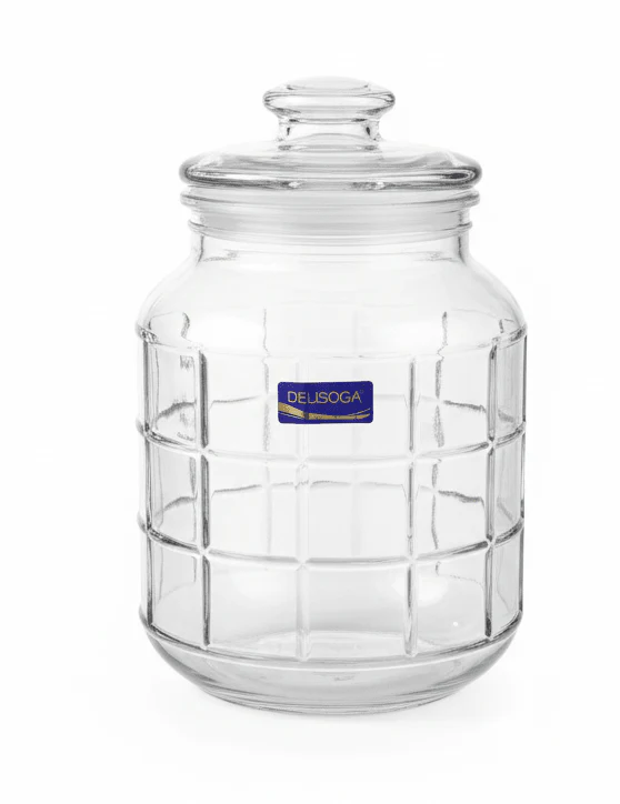 Delisoga Airtight Glass Storage Jar with Grid Emboss Design & Glass Lid — 2200ml