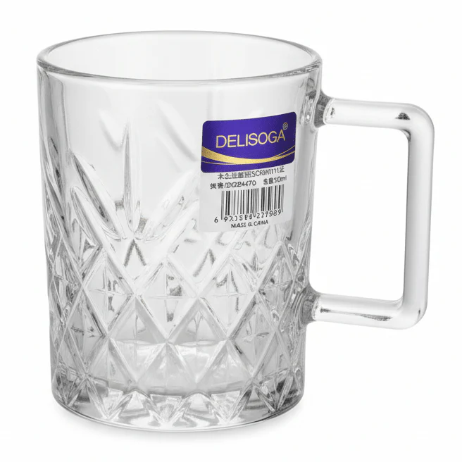 Delisoga Premium Diamond Pattern Clear Glass Mug with Handle for Tea Coffee 210ml