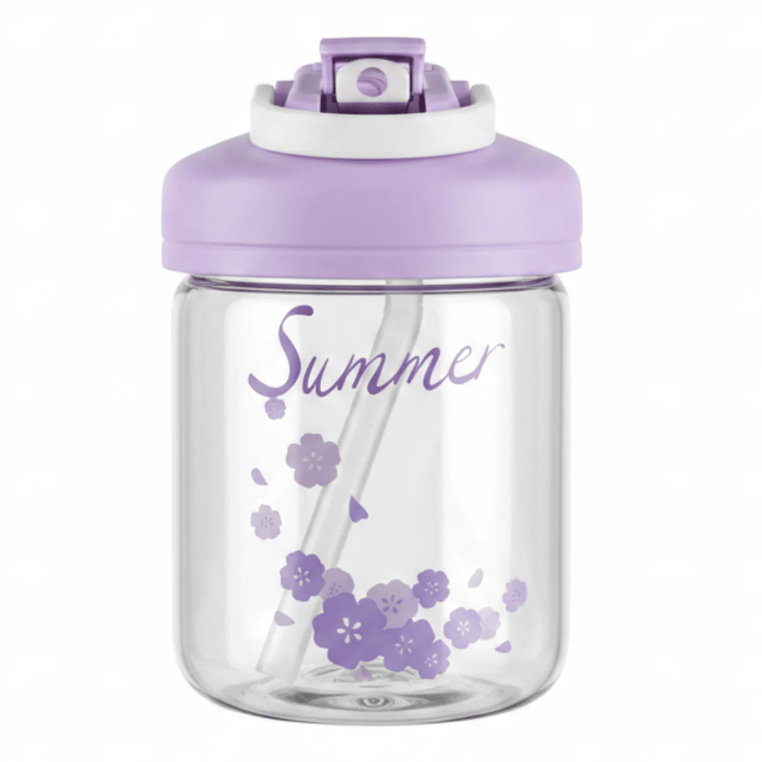 Delsoga Clear Glass Bottle with Straw & Purple Lid for Cold Drinks – 400 ml