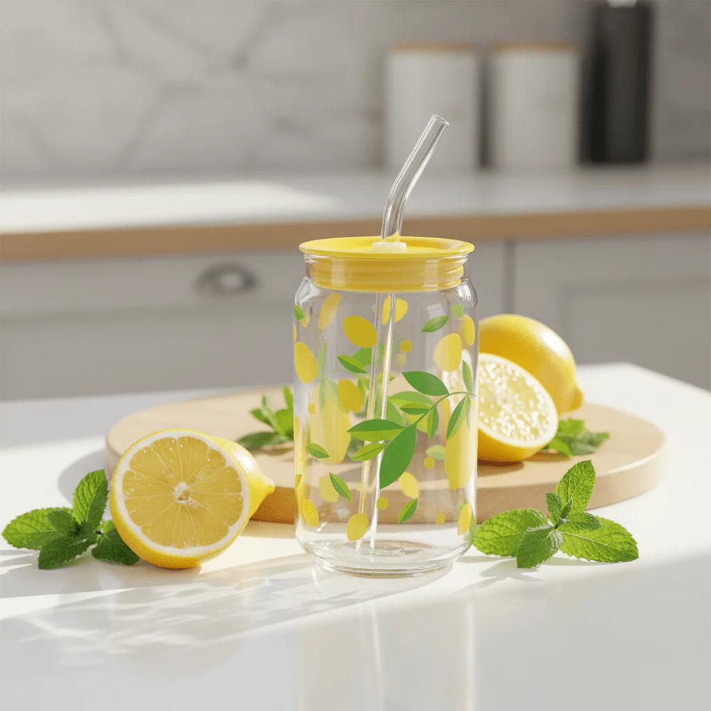 Delsoga Elegant Glass Cup with Straw & Yellow Cap for Juice & Smoothies – 540 ml - Image 2