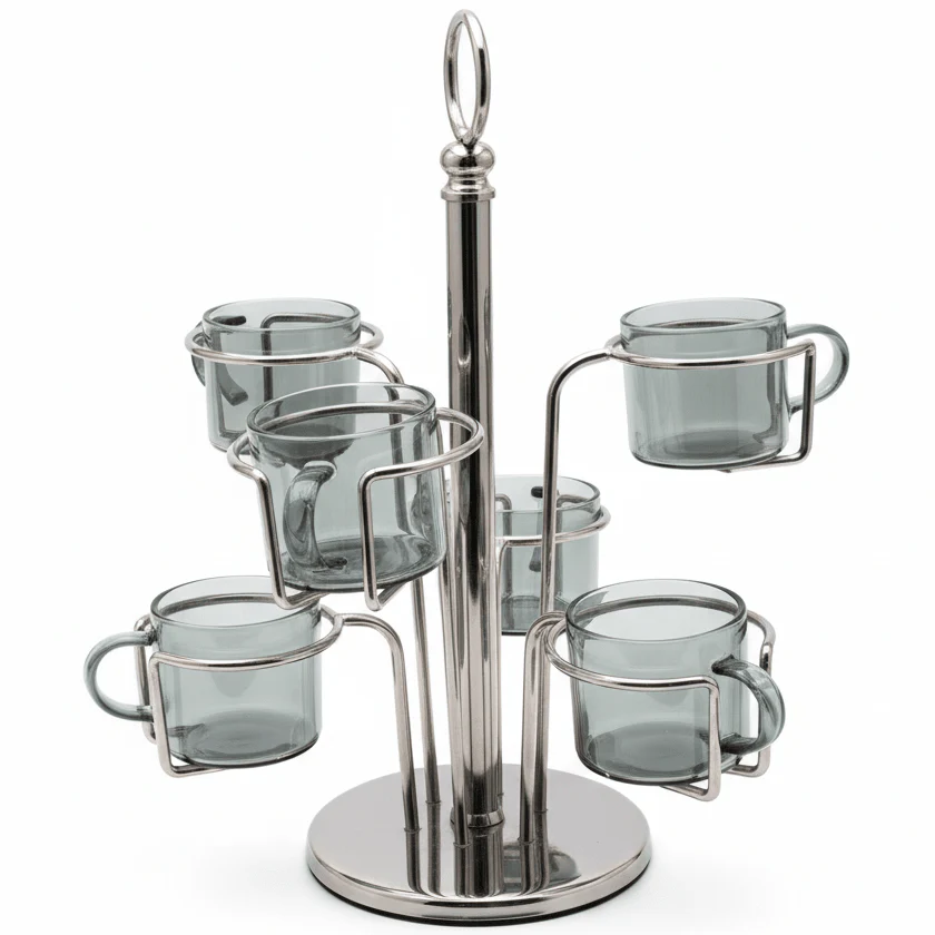 Deluxe Metal Frame Glass Cup Holder Set (6 Pieces) 30 cm Stylish Organizer for Tea & Coffee Cups