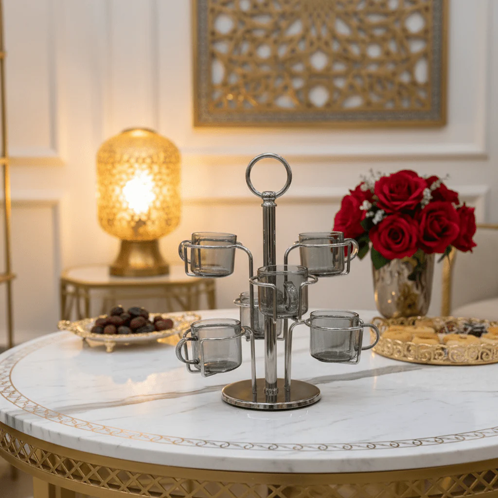 Deluxe Metal Frame Glass Cup Holder Set (6 Pieces) 30 cm Stylish Organizer for Tea & Coffee Cups - Image 2