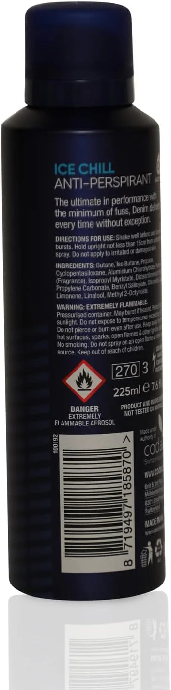 Denim Performance No Alcohol Long Lasting 24 Hour Fresh Anti-Persipirant with Fast Active ICE Chill Formula Body Deodorant Spray For Men - 225ML - Image 3