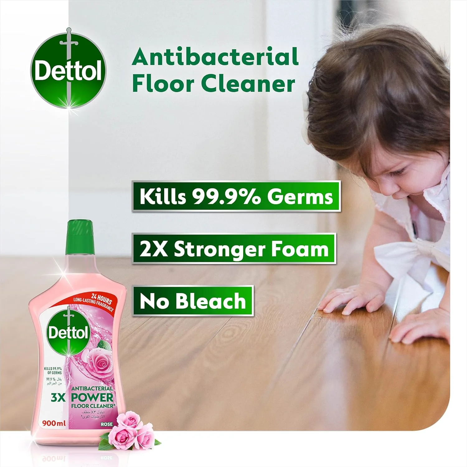 Dettol Antibacterial Power Floor Cleaner (Kills 99.9% of Germs), Rose Fragrance, Can be Paired with Vacuum Cleaner for Cleaner and Shinier Floors, 900 ml - Image 4