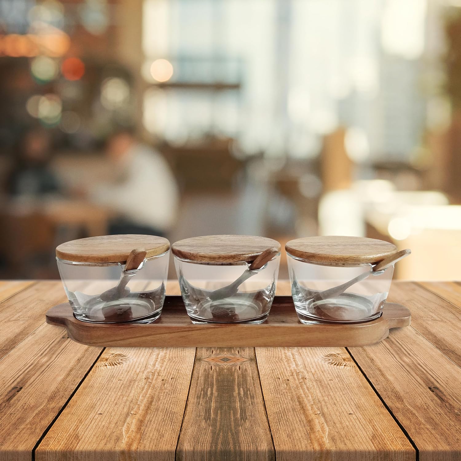 Billi 3-Piece Condiment Set with Acacia Wood Tray, Lid & Spoon — 33.8×10×8.3 cm - Image 3
