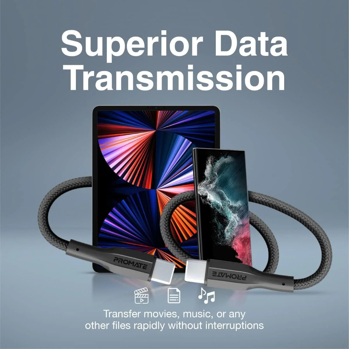 Promate USB-C to USB-C Cable, Premium 60W Power Delivery Fast Charging Type-C Cable with 480Mbps Data Sync and 100cm Anti-Tangle Silicone Cord for Galaxy S25, iPhone 17, XCord-CC Black - Image 3