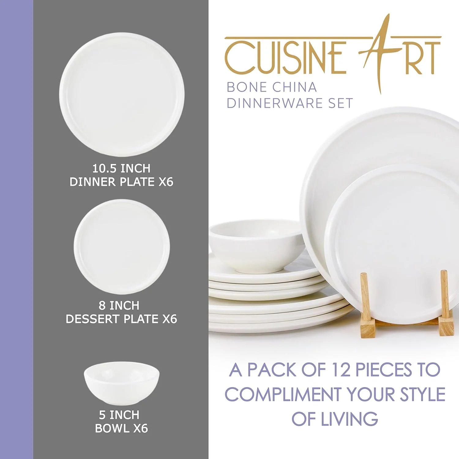 Cuisine Art EMME 12-Pc Bone China Dinnerware Set – Classic White | Premium Dinner Set with Dinner Plates, Dessert Plates & Bowls for Everyday Dining Perfect for 6 People for Ramdan, EID,Christamas - Image 3