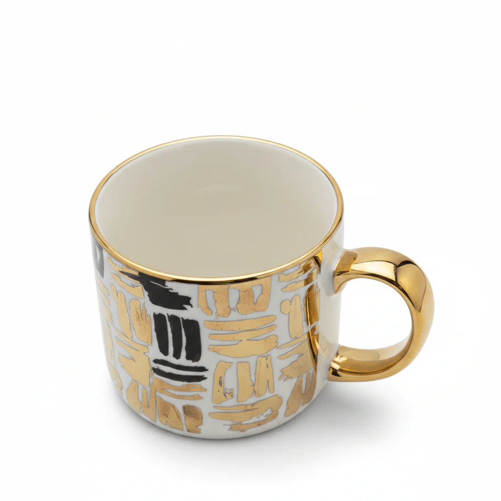 DH White Ceramic Mug with Golden Design & Handle — 350ml - Image 4