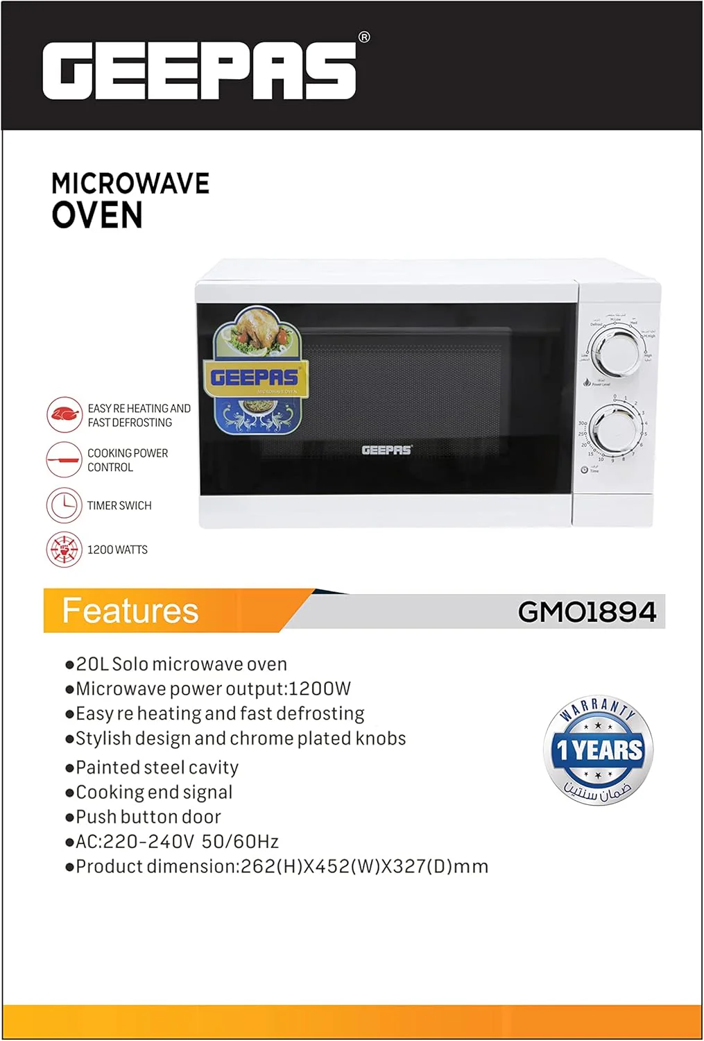 Geepas GMO1894 20L Microwave Oven | 1200W Solo Microwave with 6 Power Levels and a Timer | Cooking Power Control with 2 Rotary Dials & Defrost Settings | White - Image 5