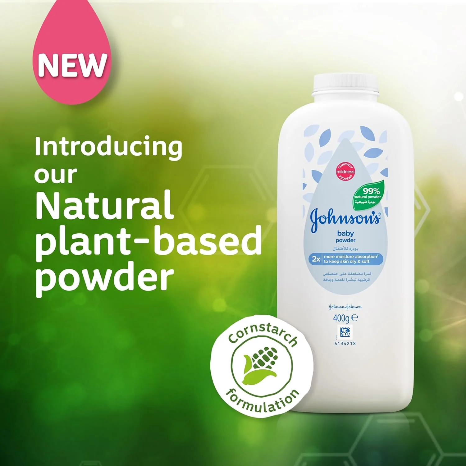Johnson's Baby Powder – 99% Natural, Talc-Free, Moisture-Absorbing, 400g - Image 2