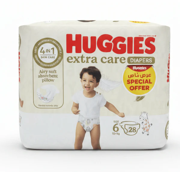 Huggies Extra Care Diapers | Size 6 (15 kg+) | 28 Pcs | 4-in-1 Skin Care | Airy Soft Absorbent Pillow | Dermatologically Tested