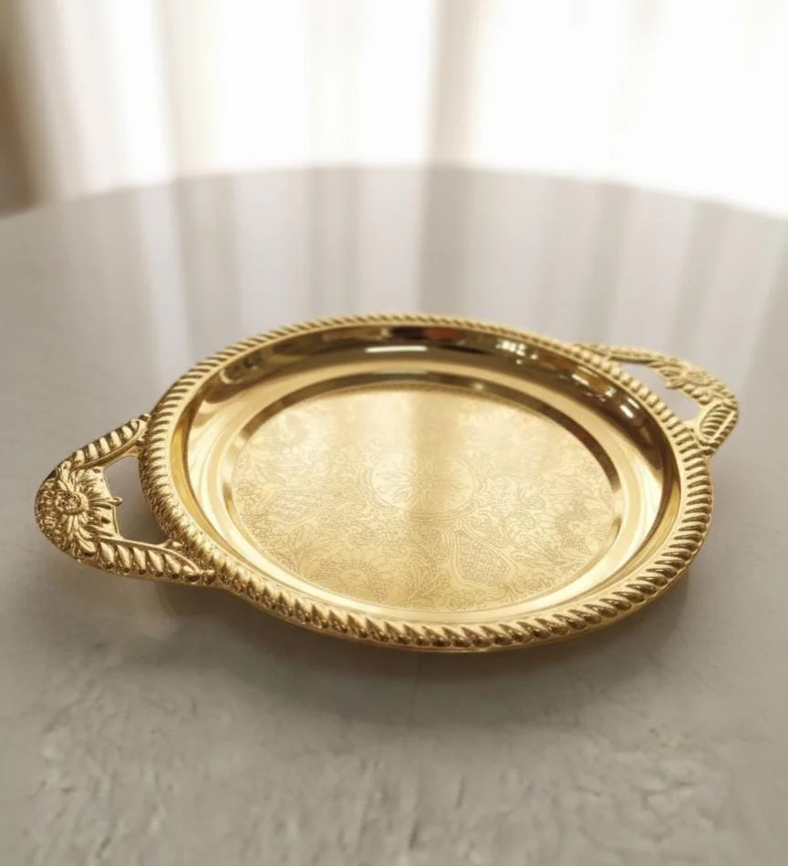 Edelolanz Gold Round Steel Tray 25 cm – Modern Circular Design, Shiny Finish, Ideal for Candles, Snacks, or Table Centerpieces