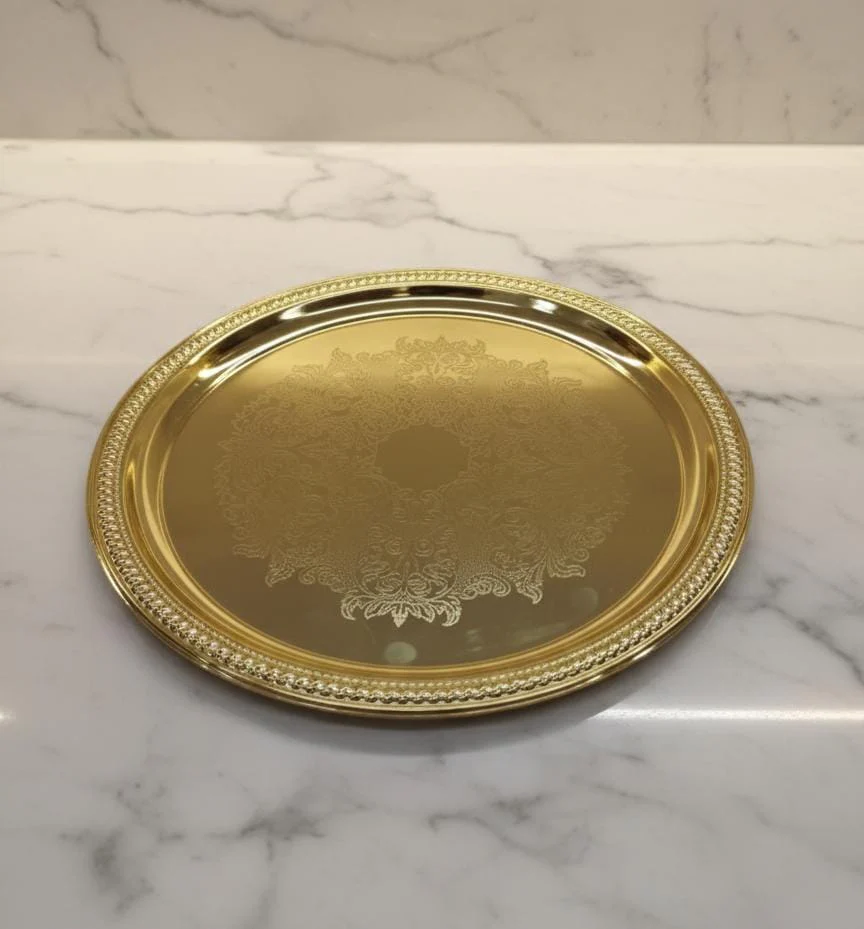 Edelolanz Gold Round Steel Tray 32 cm – Premium Round Serving Tray, Reflective Surface, Perfect for Weddings or Home Décor