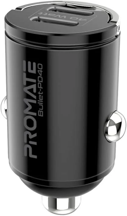 Promate USB-C Car Charger, Ultra-Compact Fast 40W Power Delivery Adapter with Dual USB-C Ports, Built-In Mini Handle, Aluminum Alloy and Short-Circuit Protection for iPhone 14, Galaxy S22,Bullet-PD40