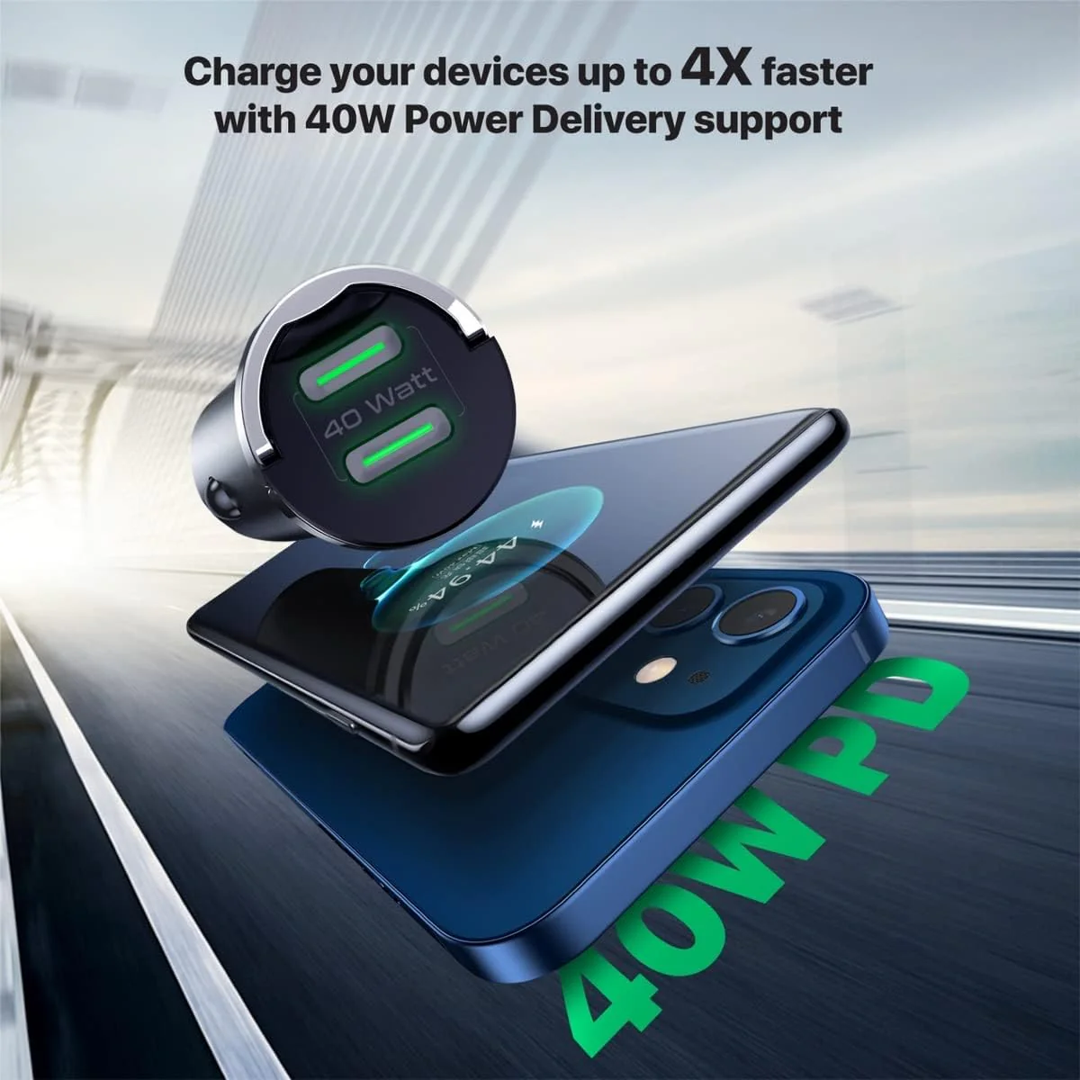 Promate USB-C Car Charger, Ultra-Compact Fast 40W Power Delivery Adapter with Dual USB-C Ports, Built-In Mini Handle, Aluminum Alloy and Short-Circuit Protection for iPhone 14, Galaxy S22,Bullet-PD40 - Image 2