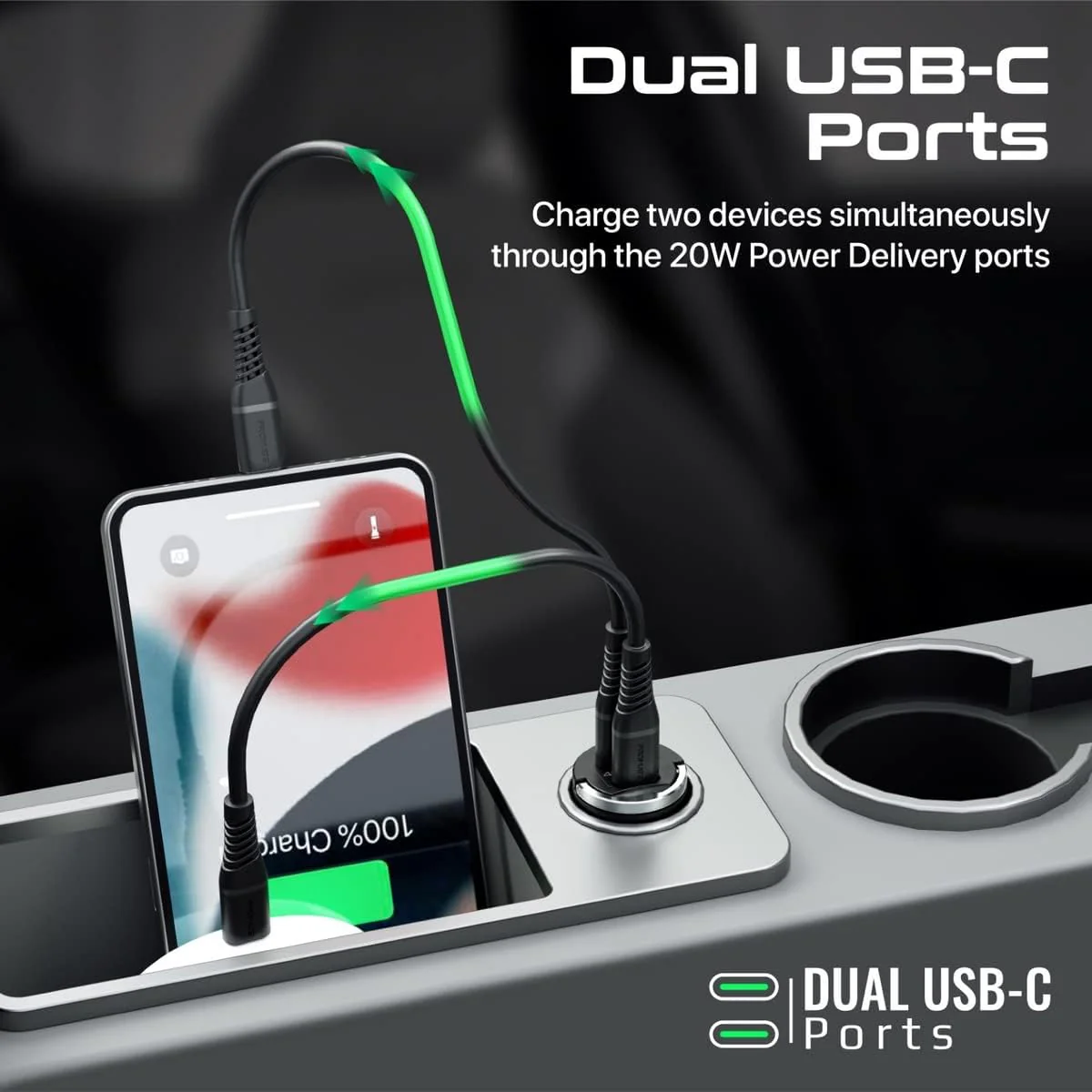 Promate USB-C Car Charger, Ultra-Compact Fast 40W Power Delivery Adapter with Dual USB-C Ports, Built-In Mini Handle, Aluminum Alloy and Short-Circuit Protection for iPhone 14, Galaxy S22,Bullet-PD40 - Image 3
