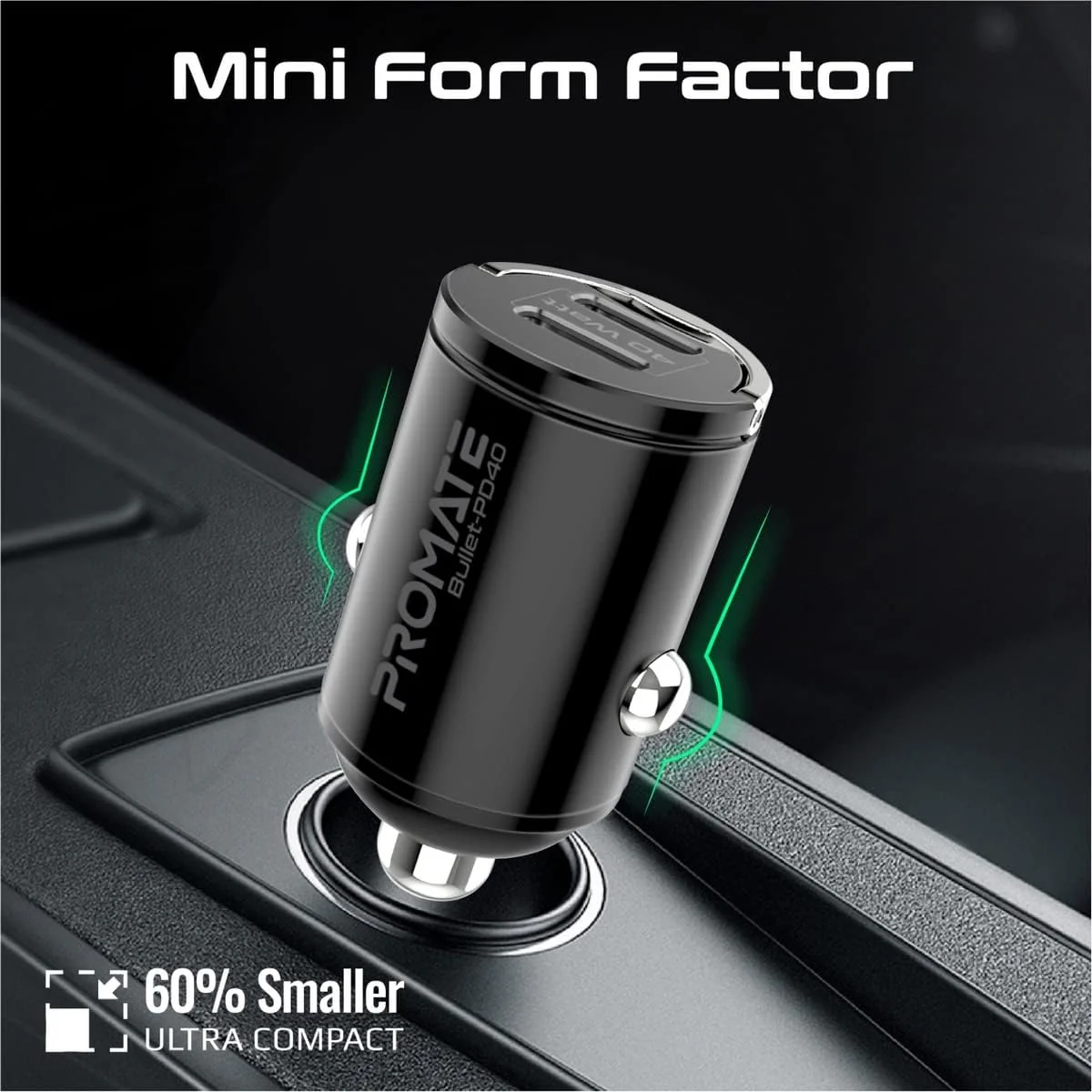 Promate USB-C Car Charger, Ultra-Compact Fast 40W Power Delivery Adapter with Dual USB-C Ports, Built-In Mini Handle, Aluminum Alloy and Short-Circuit Protection for iPhone 14, Galaxy S22,Bullet-PD40 - Image 4