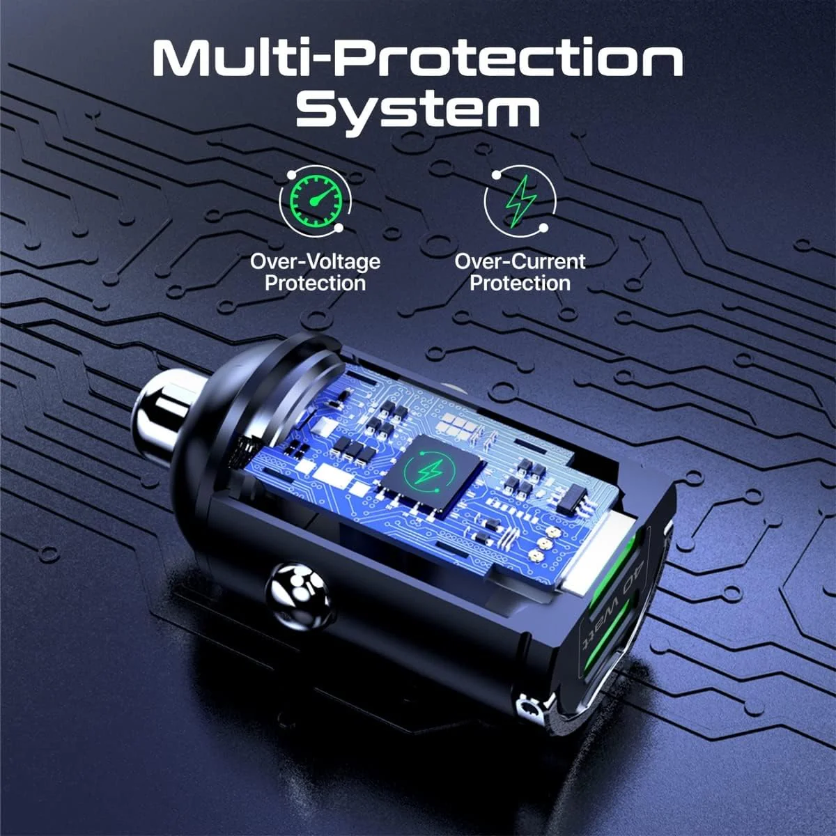 Promate USB-C Car Charger, Ultra-Compact Fast 40W Power Delivery Adapter with Dual USB-C Ports, Built-In Mini Handle, Aluminum Alloy and Short-Circuit Protection for iPhone 14, Galaxy S22,Bullet-PD40 - Image 6