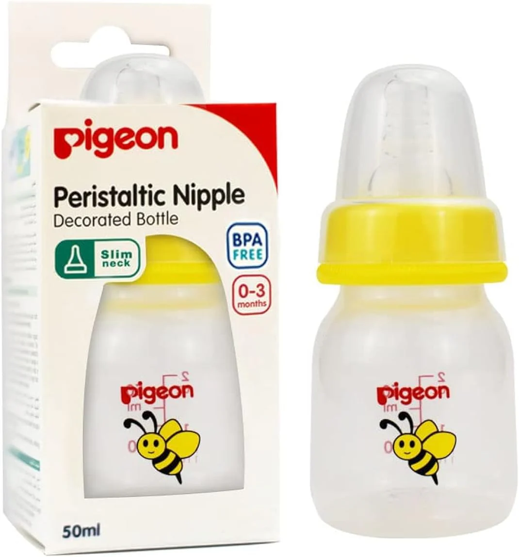 Pigeon Slim Neck Animal Decorated Plastic Feeding Bottle, Ultra Soft Silicone Nipple, Anti Colic, Bpa & Bps Free, 50Ml, Item is Assorted Color