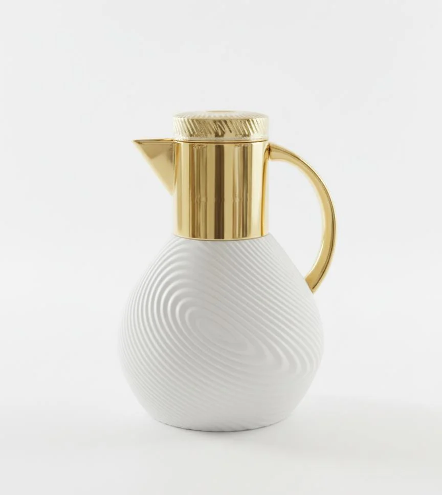 Ejshe 1 Liter Insulated Vacuum Flask – Glossy White Body with Gold Accent Lid, Keeps Beverages Hot or Cold for Hours