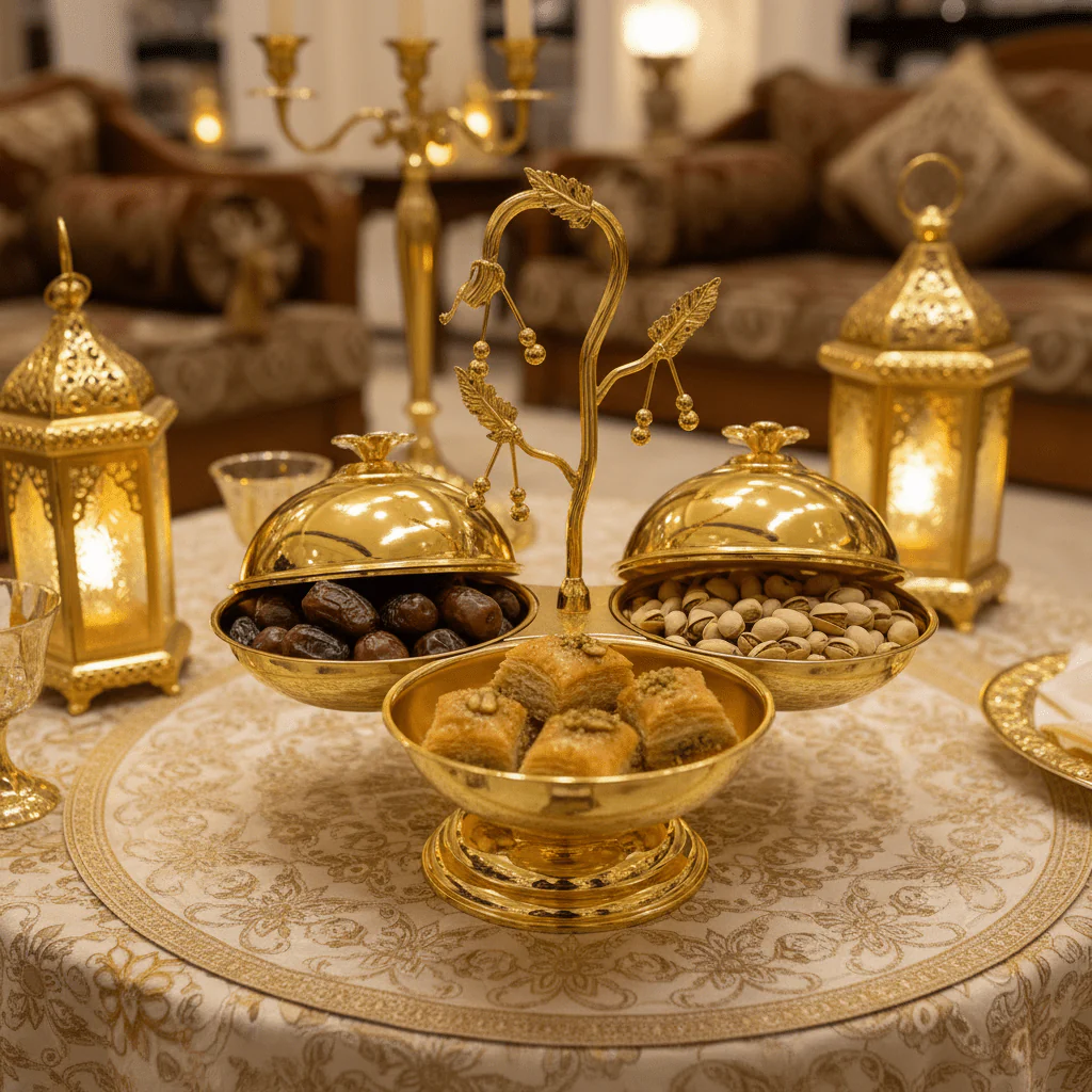 Elegant 3-Section Gold Candy Serving Bowl with Lid – Footed Design for Nuts, Sweets & Dry Fruits – 17 × 33 cm - Image 2