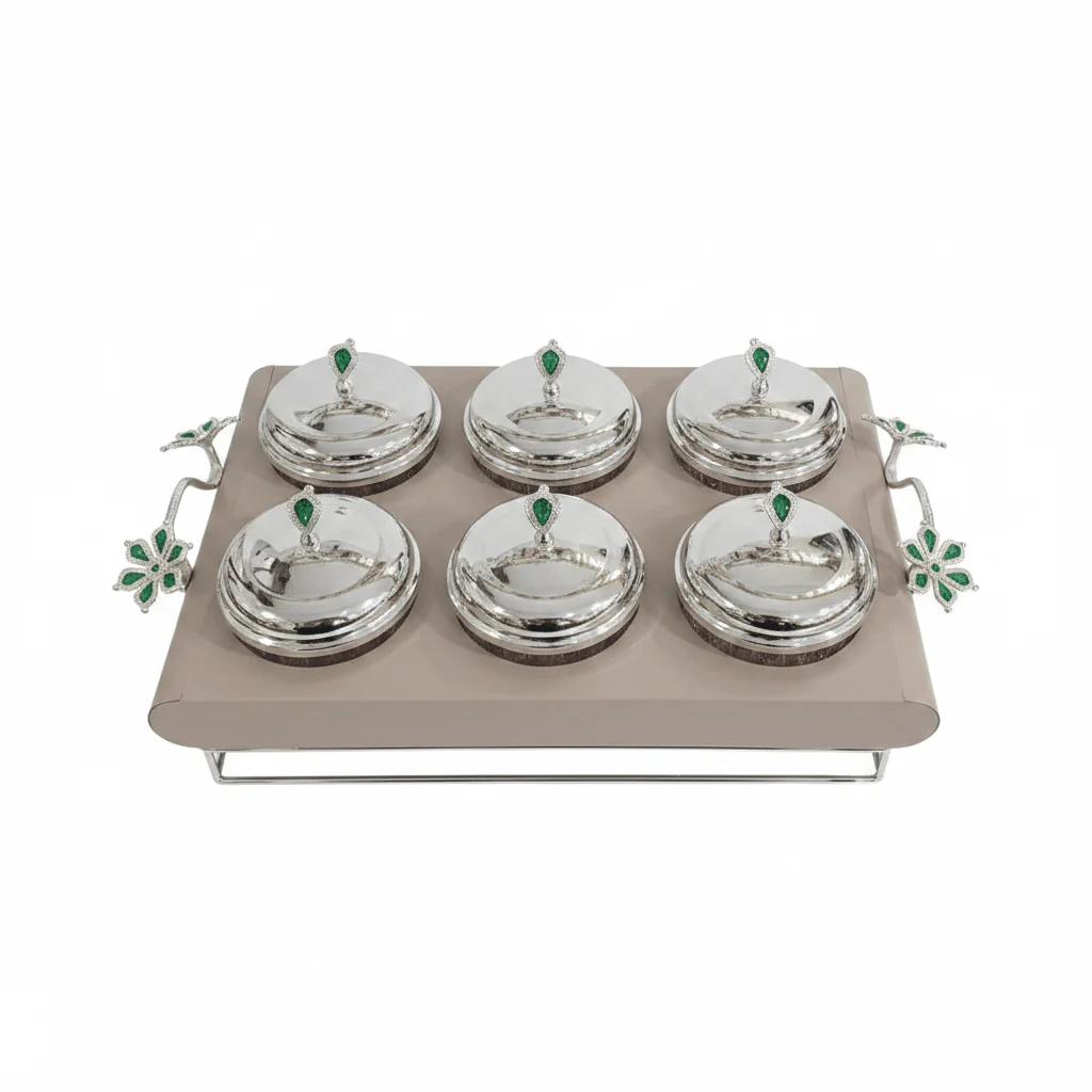 Elegant 6-Section Glass Candy Bowl with Beige Metal Holder & Silver Lid – Luxury Serving Tray for Nuts Chocolates Dates and Dry Fruits 35×24 cm - Image 3