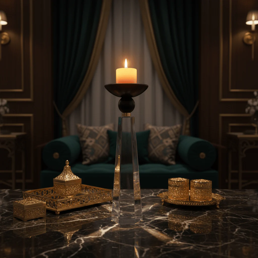 Elegant Crystal & Black Wooden Candle Holder Stand for Premium Decorative Styling – 20cm - Image 3