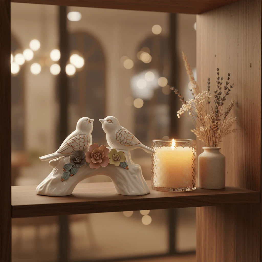 Elegant Floral Harmony White Ceramic Bird Pair Table Décor Showpiece for Living Room – 23×18cm - Image 2