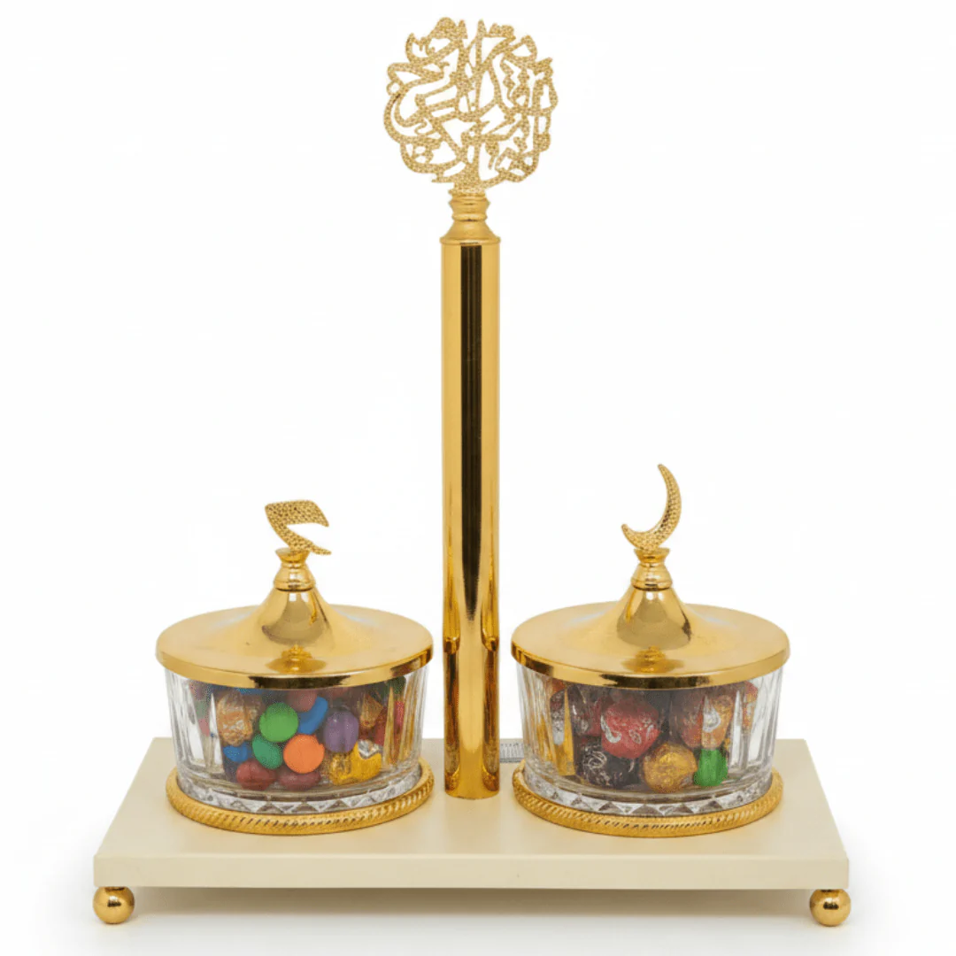 Elegant Majlis Dual Glass Candy Bowl with Cream Metal Stand & Decorative Gold Lid – Premium Serving Dish for Nuts Dates and Chocolates 25×13 cm