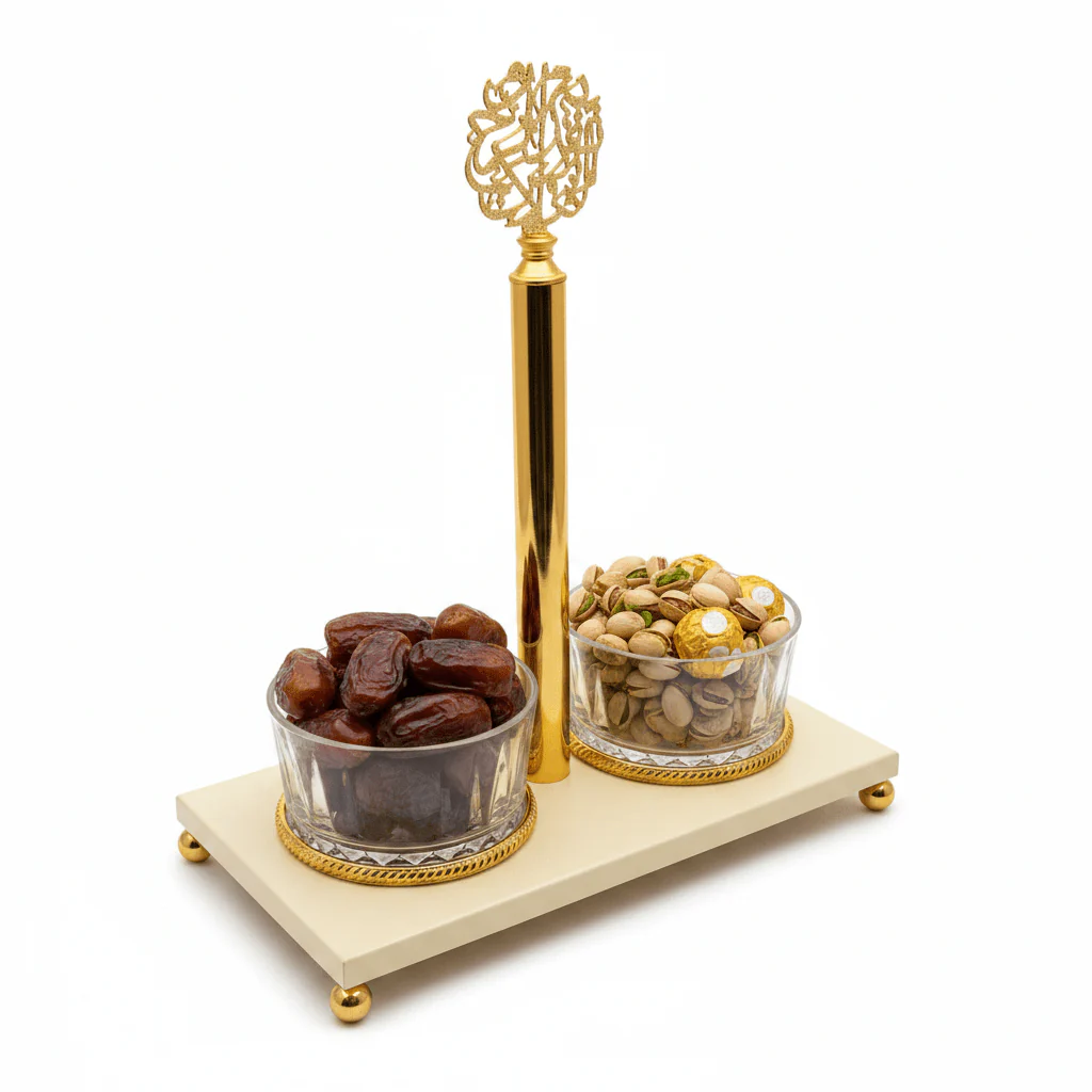 Elegant Majlis Dual Glass Candy Bowl with Cream Metal Stand & Decorative Gold Lid – Premium Serving Dish for Nuts Dates and Chocolates 25×13 cm - Image 3