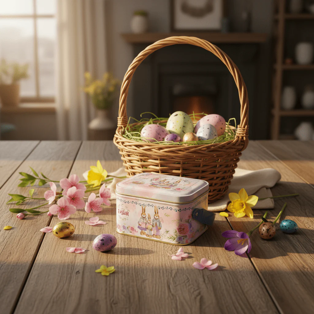 Elegant Easter Metal Candy Tin Box with Handle | 10×8 cm | Happy Easter Bunny Design - Image 2