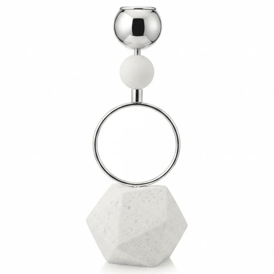 Elegant Silver Metal Candle Holder with White Chalk Base for Home Décor – 23cm