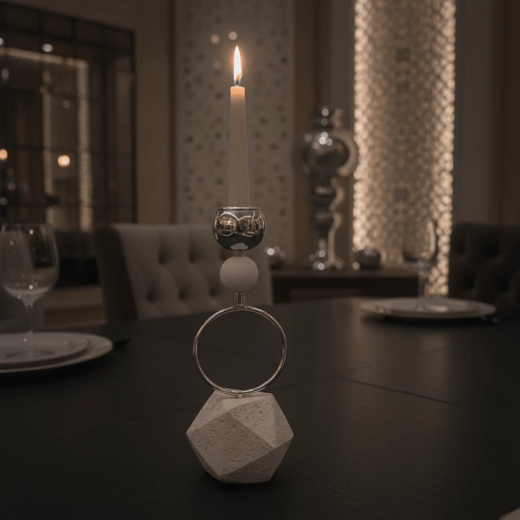 Elegant Silver Metal Candle Holder with White Chalk Base for Home Décor – 23cm - Image 2