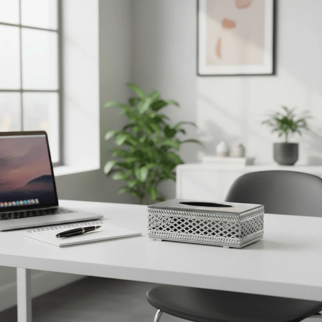 Elegant Silver Metal Tissue Box with Premium Modern Decorative Design – Luxury Tissue Holder for Living Room Office and Majlis 22×12 cm - Image 2