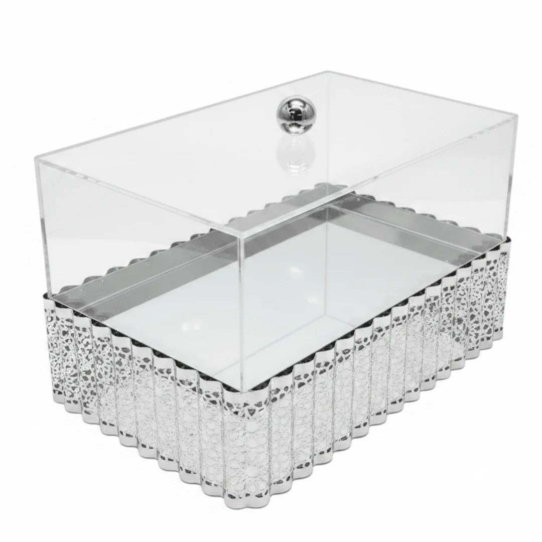 EliteServe Luxury Rectangle Silver Snack Presentation Tray with Clear Acrylic Cover – 29 × 16.5 cm